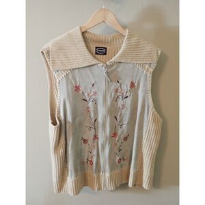 Designers Studio Originals Women Leather Front Vest Beige Embroidered Large XL